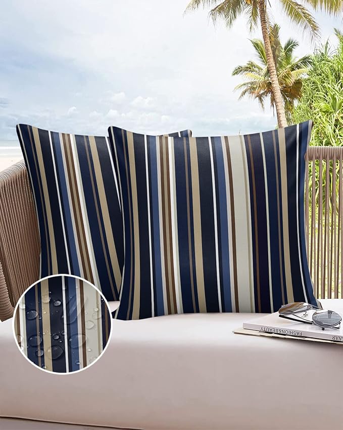 Outdoor Waterproof Pillow Covers for Patio Simple Stripe Decorative Throw Pillow Cover Blue And Brown Geometric Pattern Pillowcases Set of 2 Cushion Case for Sofa Couch Chair Home Decor 20x20 inch