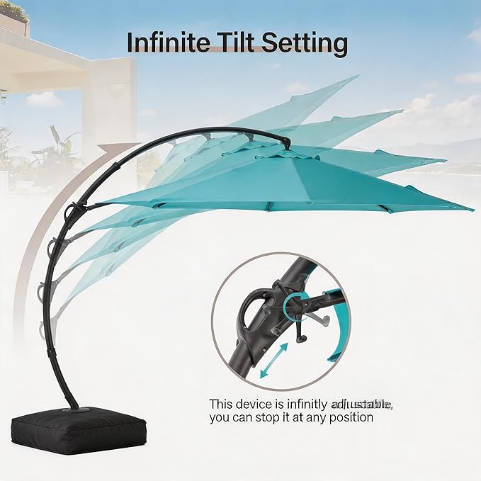 LAUSAINT HOME 11ft Patio Cantilever Umbrella with Base Included, Outdoor Curvy Round Offset Umbrella, Heavy Duty Aluminum, 360° Rotation for Pool, Deck, Lawn, Backyard (Turquoise Blue)