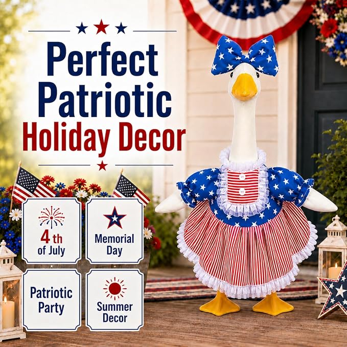 4th of July Porch Goose Outfits for 23 Inch Goose Statue, Patriotic Red White and Blue Porch Goose Dress with Star Bow, Summer Sculpture Clothes for Independence Day Garden Patio Decor