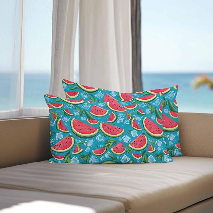 Vandarllin Outdoor Throw Pillows Covers 20x12 inch Set of 2 Waterproof Watermelon Decorative Zippered Cushion Covers for Patio Furniture, Summer Fruit Ice Cubes Lumbar Pillowcases