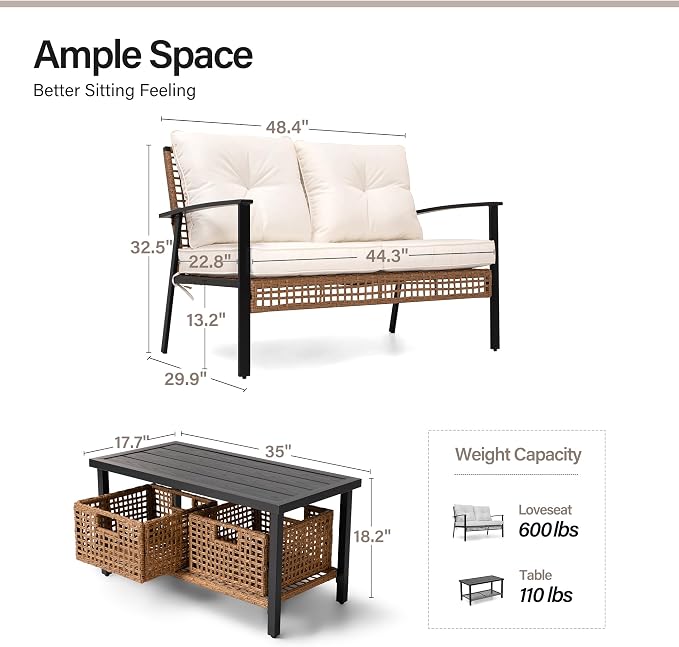 LAUSAINT HOME Outdoor Patio Loveseat with Coffee Table Set of 2, 2 Pcs Comfortable Oversized Furniture Conversation Set for Backyard, Porch, Garden and Poolside, Beige (Not Include Storage Boxes)