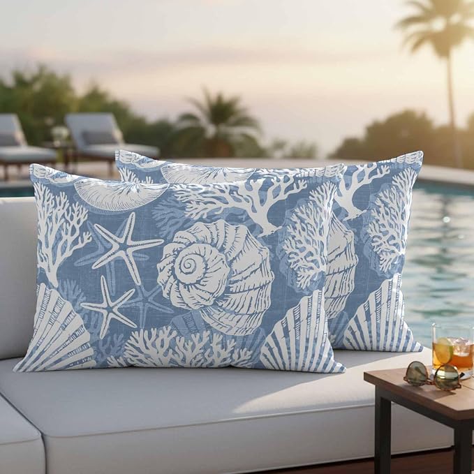 Lumbar Pillow Covers 20x12 Inch Set of 2, Lake Blue Starfish Coastal Waterproof Outdoor Pillow Covers, Summer Coral Shell Beach Nautical Decorative Cushion Pillowcases for Couch Sofa Bed Garden Patio