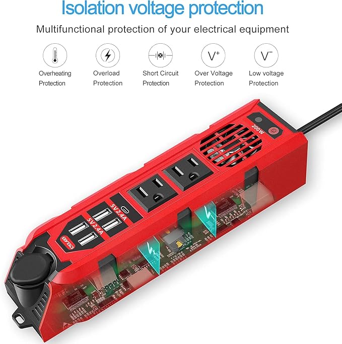 BYGD 200W Car Power Inverter DC 12V to 110V AC Car Plug Adapter Outlet Converter with 1 Type-C Port 2 AC Outlets 4 USB Quick Charging Ports Cigarette Lighter Socket.