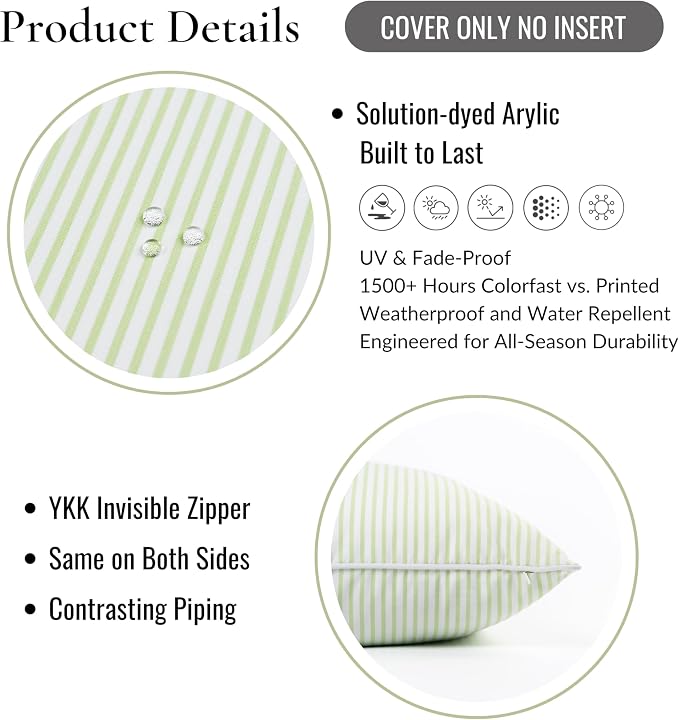 Hofdeco Premium Coastal Hampton Outdoor Performance Throw Pillow Cover Only, 22"x22" Water Repellent, UV and Fade Resistant for Backyard, Couch, Poolside, Grass Green Woven Coastline Stripes