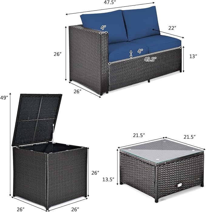 DORTALA 4-Piece Outdoor Patio Furniture Set, Weather Resistant PE Rattan Conversation Set with 2 Loveseats, Outdoor Sectional Sofa Set with Comfy Cushions for Garden and Poolside, Navy