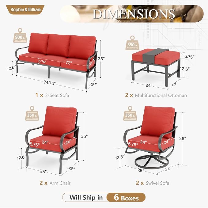 Sophia & William Patio Furniture Sets for 7 Outdoor Conversation Set 7 Pcs with 2 x Swivel Sofa Chairs, 2 x Armrest Chairs, 1 x 3-Seat Sofa, 2 x Ottomans for Coffee Garden Backyard Poolside Red