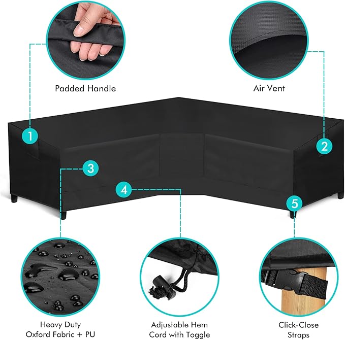 WLEAFJ Patio V-Shaped Sectional Sofa Cover Waterproof, Heavy Duty Outdoor Sectional Couch Cover with Air Vent - 118" W x 33.5" D x 31" H, Black
