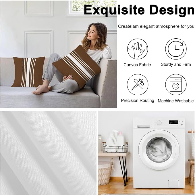 Brown White Stripe Outdoor Pillow Covers 24x24 Inch Throw Pillow Covers Set of 2 Waterproof Decorative Pillow Cases Modern Rustic Vertical Striped Cushion Covers for Patio Furniture Garden Couch Sofa