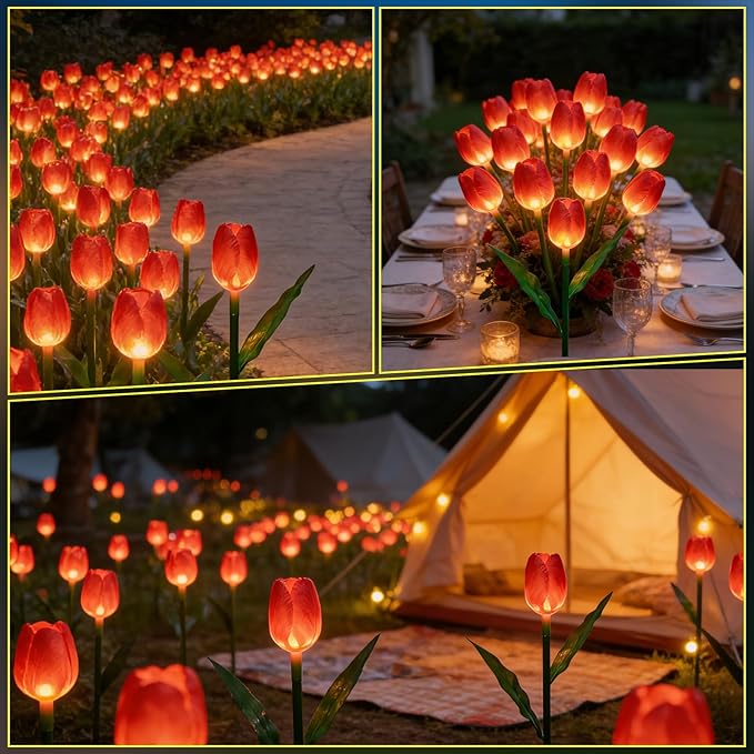 Solar Garden Lights Outdoor - Upgraded Brighter Tulip Lights with 6Pack Realistic Solar Flower,IP65 Waterproof Outdoor Garden Decor for Yard Lawn Pathway,Gift for Mom Women,Red