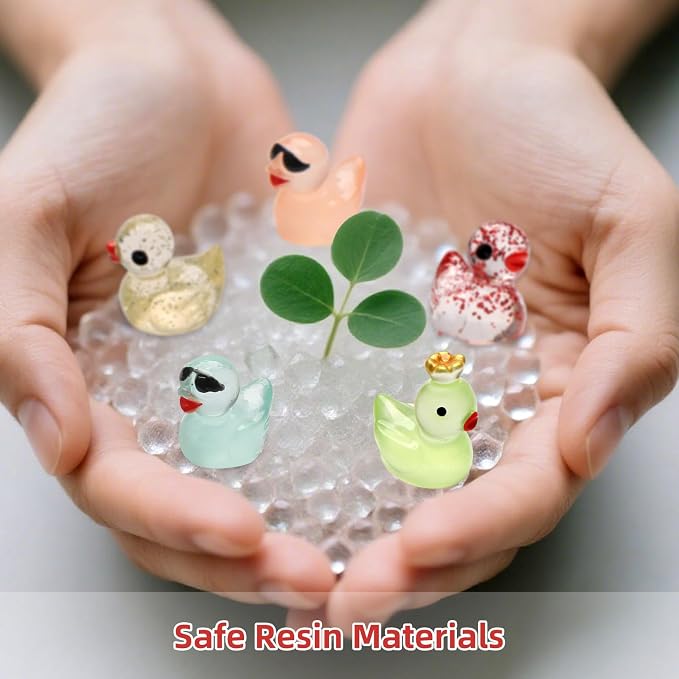 25pcs Mini Ducks Fairy Garden Accessories with Mini Suitcase | 12pcs Glitter & 13pcs Luminous Duck Mini Resin Animals figures for Garden Decor, Landscape Decor, DIY Craft, Succulents