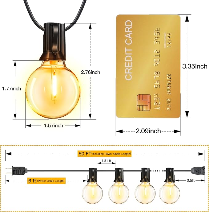 Ollny 50FT Outdoor String Lights, Waterproof Connectable Shatterproof Outside Light with 25 Edison + 2 Spare LED Bulbs Plug in, Patio Lights for Indoor Balcony Porch Camping Deck