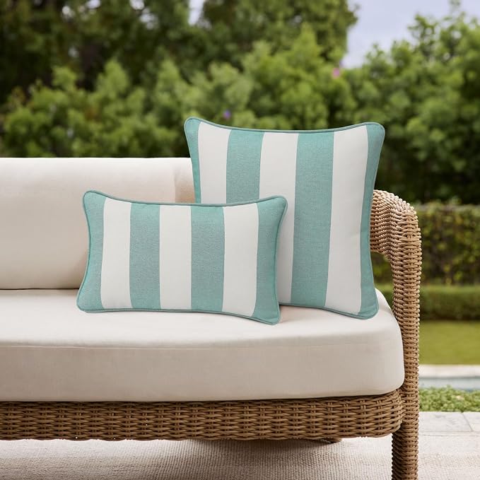 Unimatta Decorative Outdoor Water Repellent Throw Pillows with Inserts, Set of 4, 20" x12" Pillows for Patio, Backyard, Bed, Couch, and Patio Furniture, Turquoise Stripe