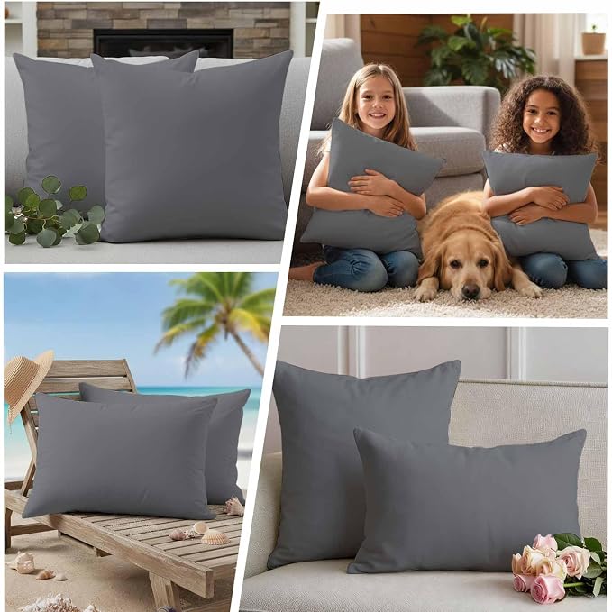 Outdoor Pillow Covers 24 x 24 Inches, Grey Pure Color Waterproof Throw Pillow Cover Set of 2, Aesthetics Contemporary Luxury Decorative Square Cushion Covers for Patio/Couch/Garden