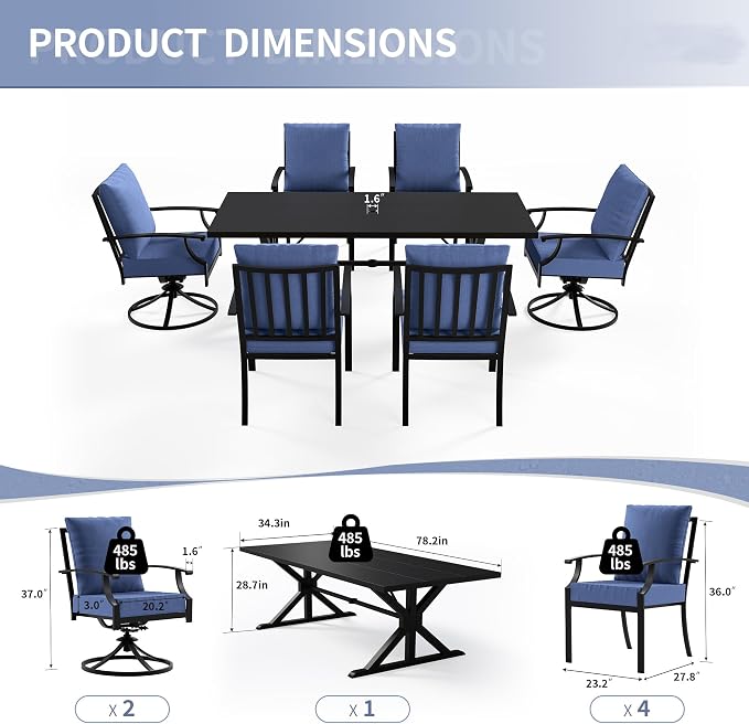 Kullavik 7 Pieces Outdoor Dining Set,Patio Dining Table and Chairs Set for 6,Fence Pattern Back Chairs with Thickened Cushions & X-Frame Metal Dining Table with Umbrella Hole for Patio,Navy Blue
