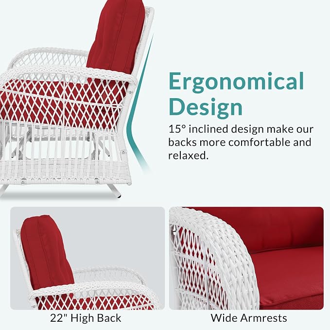 MEETWARM 4 Pieces Outdoor Wicker Patio Conversation Sets with Glider Loveseat, 2 Chairs with Coffee Table Wicker Rocking Glider Set, Patio Conversation Set with Thickened Cushions, White/Red