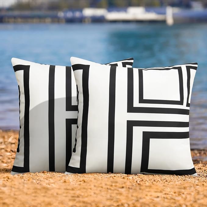 Merrycolor Set of 2 Outdoor WaterproofThrow PillowCovers Geometry Decorative Square Pillowcases Blackand White Outdoor Pillows for Patio Furniture Garden TentCouch 18 X 18 Inch