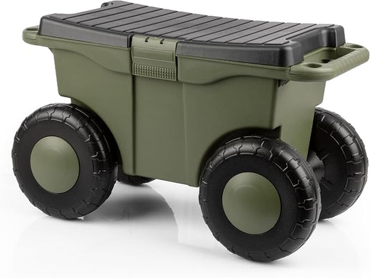 Pure Garden Rolling Garden Cart with Seat - Plastic Storage with Bench and Interior Tool Tray - Gardening Stool for Weeding and Planting (Green)