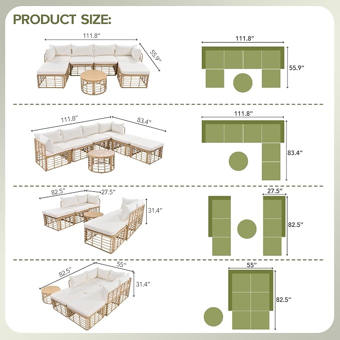 7 Piece Outdoor Patio Furniture, Outdoor Rattan Sofa Set with Round Coffee Table, Thick Cushions & Pillows, All Weather Freely Combined Conversation Set for Garden Backyard Balcony, Beige