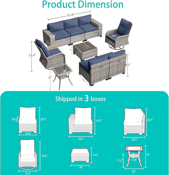 9-Piece Outdoor Patio Furniture Set with Rocking Swivel Chair Wicker Sectional Sofa Set, Patio Conversation Set with Thickened Cushions & Coffee Table for Garden, Backyard, Navy Blue