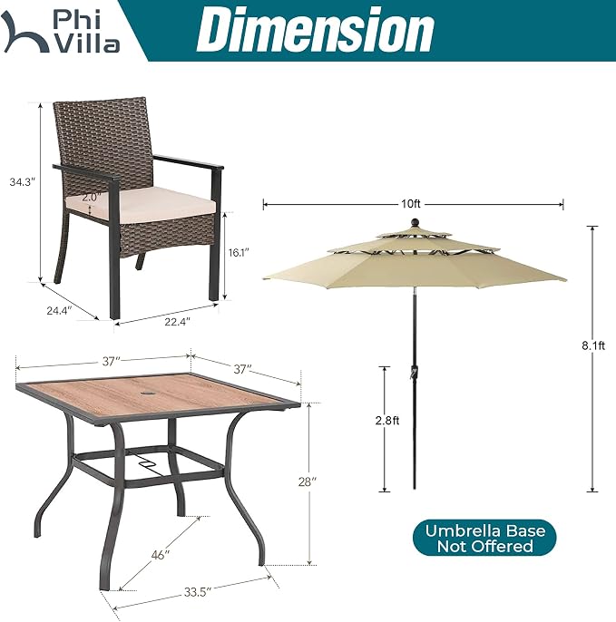 PHI VILLA 5pc Patio Dining Set with Umbrella, Square Table, Rattan Chairs | 37" Wood-like square dining table, cushioned wicker chairs, 10ft beige umbrella. Perfect for patio, deck, yard, porch.