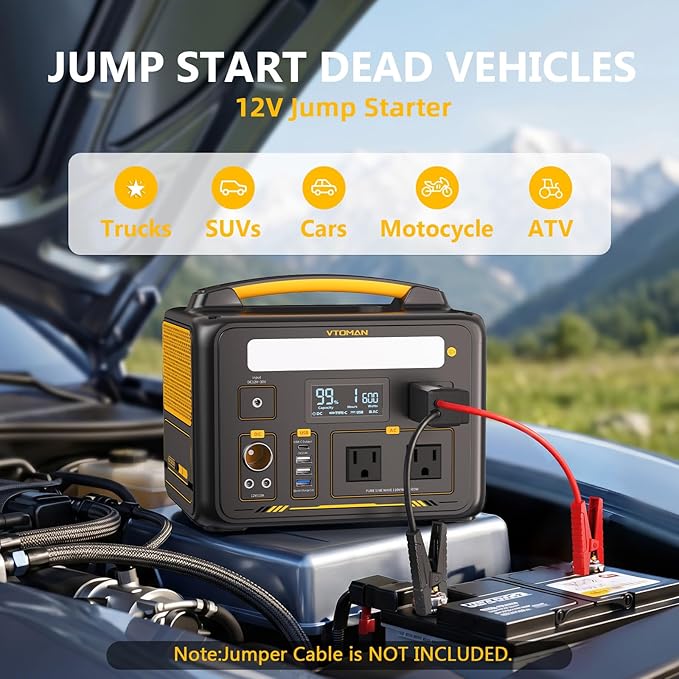 VTOMAN Jump 600X Portable Power Station 600W, 299Wh Solar Generator LiFePO4 Battery Power Station with Jump Start for Car, 1200W AC Outlet, PD 60W USB-C, 3x Regulated 12V/10A DC for Camping, RV Travel