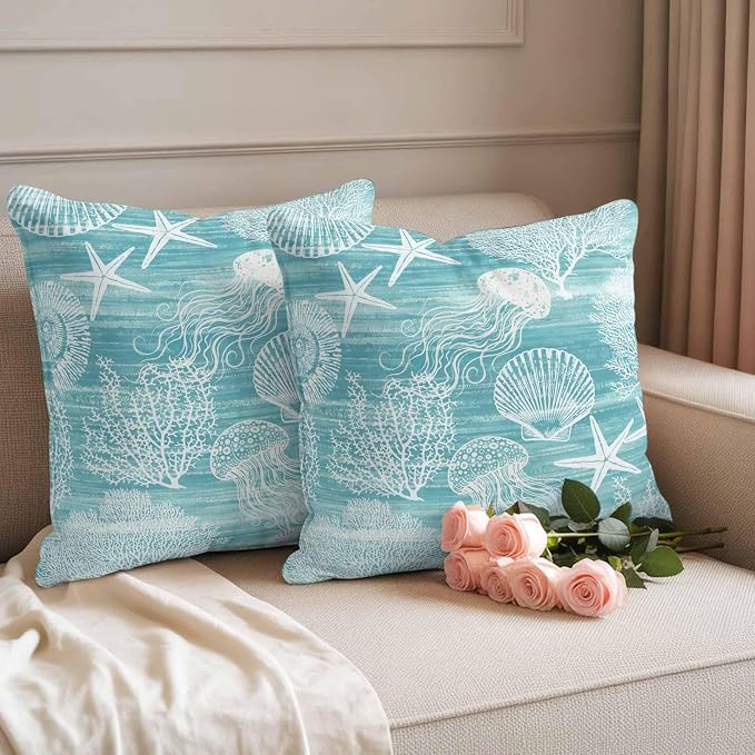 Teal Coastal Outdoor Waterproof Throw Pillow Covers Set of 2, 18"x18", Nautical Starfish Jellyfish Coral Summer Decorative Pillow Covers Outside Cushion Case for Patio Porch Garden
