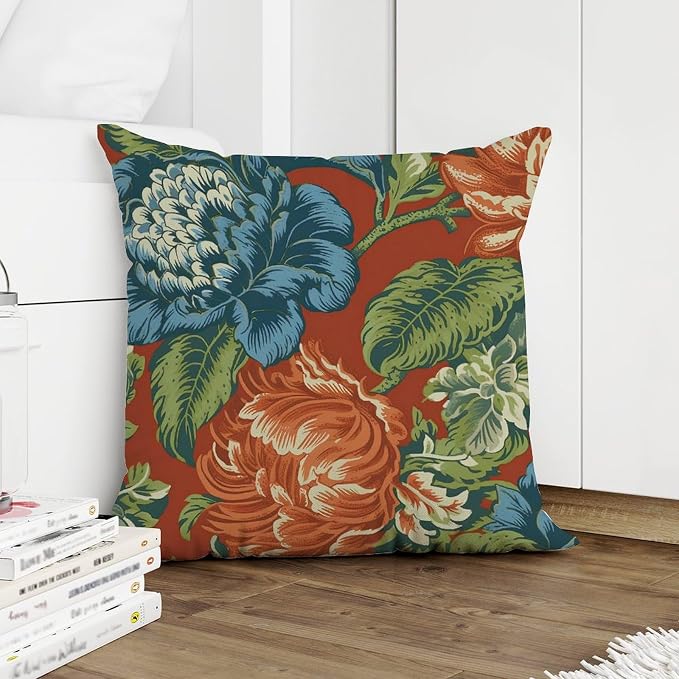 Blue Floral Chinoiserie on Orange Throw Pillow Covers Peony Chic Asian Pillows 20x20 INRustic Accent Farmhouse Decor Pillow for Sofa Bed Chair Car