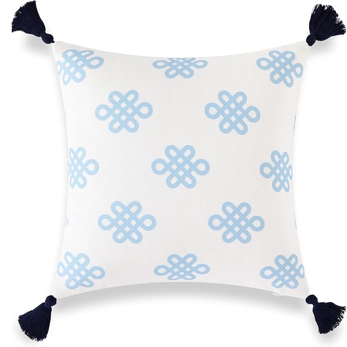 Hofdeco Premium Coastal Patio Indoor Outdoor Lumbar Pillow Cover ONLY for Backyard, Couch, Sofa, Baby Blue Greek Key Knot Tassel, 18"x18"