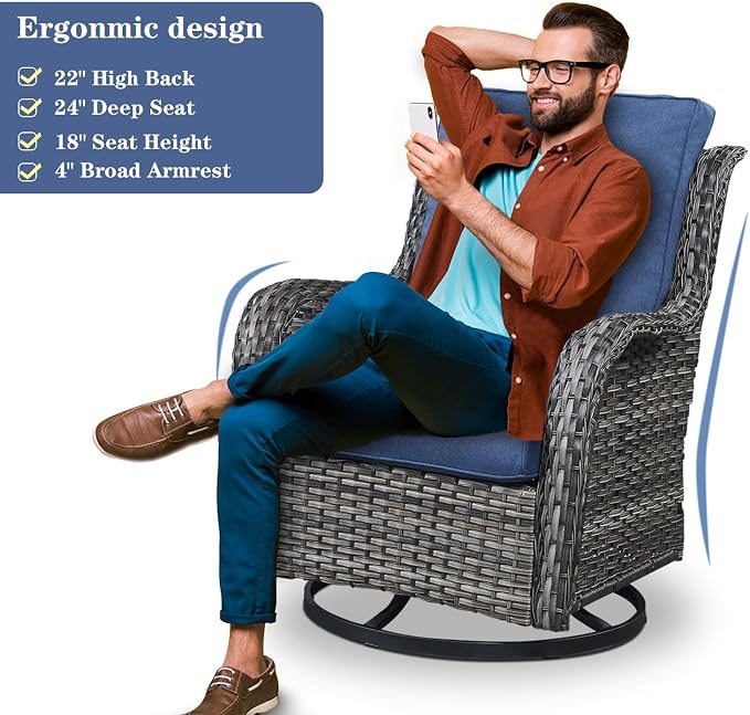 Belord Wicker Outdoor Furniture Patio Furniture Set - 6 Piece Patio Conversation Set with Swivel Rocker Chairs, Rattan Sofa, Ottomans and Coffee Table, Blue Cushion