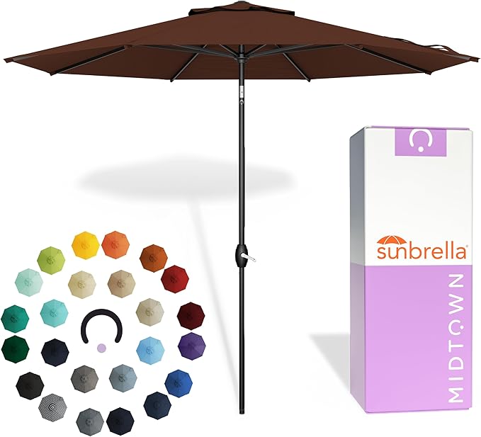 Midtown Umbrellas - The Lean 8 Ft Patio Umbrella with Fade-Resistant Sunbrella Fabric, Auto-Tilt Aluminum Frame and 8 Reinforced Ribs for Deck, Pool & Garden - Bay Brown Canopy, Black Pole