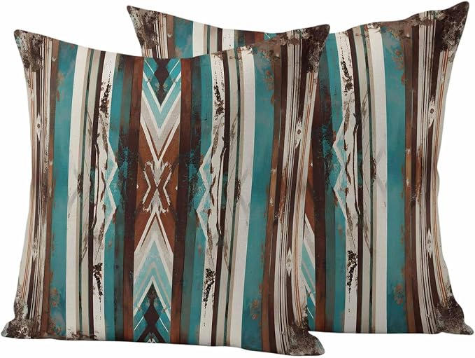 Ethnic Tribal Stripes Outdoor Pillow Covers 20"x20" Set of 2, Retro Vintage Geometric Teal Brown Stripes Waterproof Throw Pillow Covers for Patio Furniture, Decorative Cushion Covers for Porch