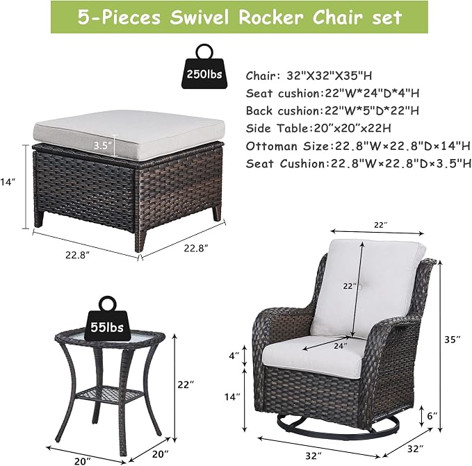 Rilyson Wicker Patio Furniture Set - 5 Piece Rattan Outdoor Sectional Conversation Sets with 2 Swivel Rocking Chairs,2 Ottomans and 1 Side Table for Porch Deck Garden(Brown/Beige)