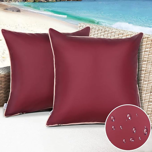 Set of 2 Silicone Leather Pillow Covers 18x18 Inch, Waterproof Soft Smooth Texture Modern Stylish Design for Home Decor Patio Sofa Tent Sunbrella Balcony, Burgundy
