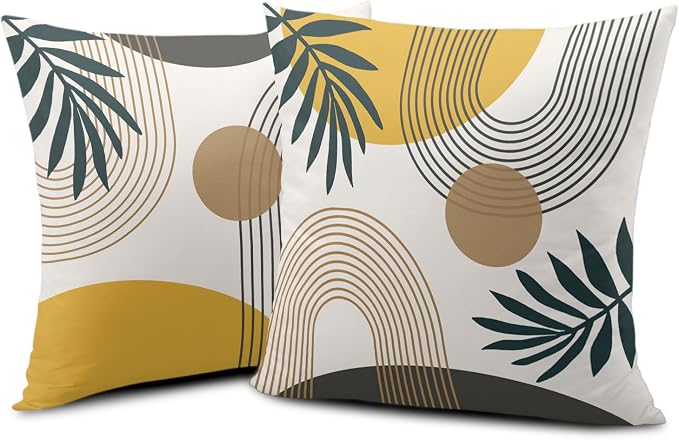 Abstract Boho Pillow Covers 16x16 Set of 2 Mid Century Modern Pillow Covers Green Leaf Design Decorative Throw Pillow Cases Cotton Blend Home Decor for Bed Couch