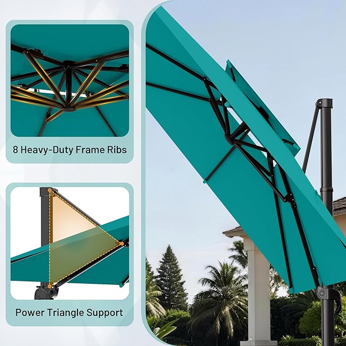 AreShark 10×10FT Double-Top Cantilever Patio Umbrella, Square Offset Umbrella with 360 Degree Rotation, Heavy Duty Patio Umbrella for Garden Deck Pool, 5 Tilt Angles, Turquoise Blue