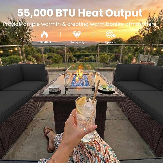 6 Pieces Patio Furniture Set with 44" Propane Gas Fire Pit Table, Outdoor Sectional Brown Rattan Wicker Conversation Sofa Sets with Coffee Table