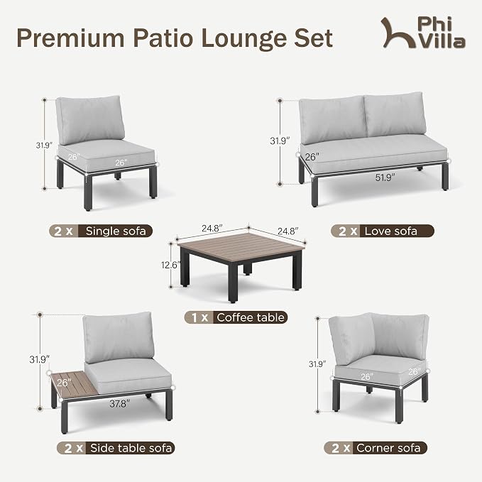 PHI VILLA 9 Pieces Outdoor Patio Furniture Set,Metal Frame Modern Outdoor Sectional Sofa Set,10 Seats Patio Conversation Sets with Coffee Table&Thickened Cushion,for Poolside and Backyard,Light Grey