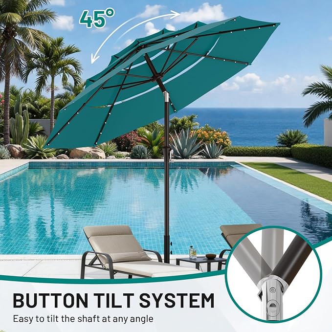 AreShark 9ft 3 Tiers Patio Umbrella with Solar Lights, Outdoor Umbrella w/ 32 LED Lights&8 Sturdy Ribs, Table Umbrella for Deck, Backyard, Pool (Lake Blue)