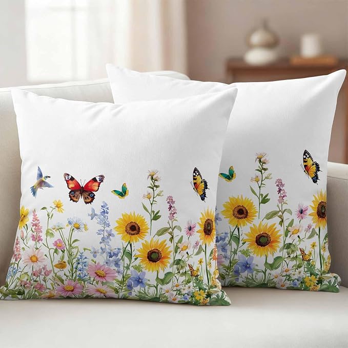 Colorful Florals Outdoor Waterproof Throw Pillow Covers Set of 2, 20"x20", Sunflower Daisy Butterfly Farm Botanical Decorative Pillow Covers Outside Cushion Case for Patio Porch Garden