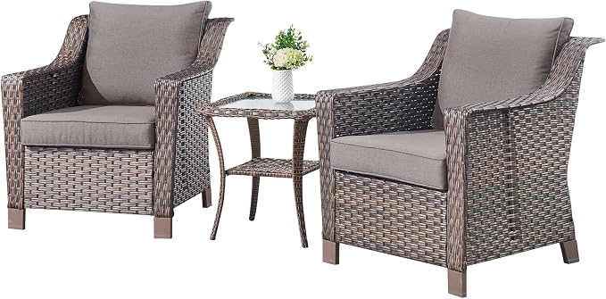 3 Pieces Patio Furniture Set-Wicker Patio Chairs Set of 2 with Tempered Glass End Table Outdoor Patio Chairs for Deck Balcony Poolside Backyard-Brown/Grey