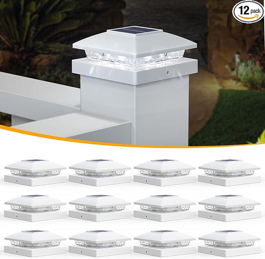 APONUO Solar Post Cap Lights for 4x4 5x5 Posts - IP64 Waterproof, 6500K LED, No-Wire Fence Lights & Deck Lights for Patio Garden Yard Patio, White-Cool White, 12 Pack
