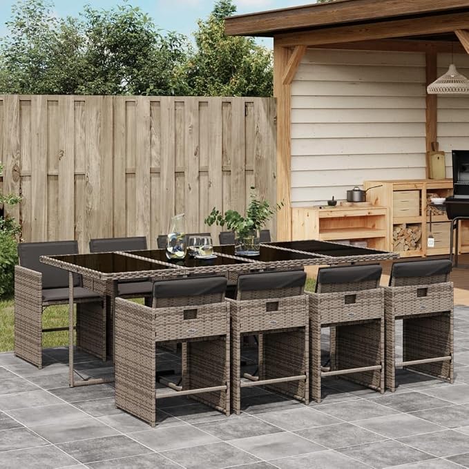 9-Piece Patio Dining Set, 8-Seater Outdoor Garden Table and Chair Furniture with Cushions, Space-Saving Foldable Rattan Design, Gray