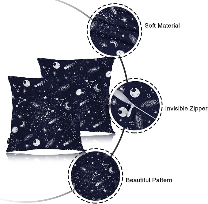 Swono Home Decorative Throw Pillow Covers Galaxy Space, Cosmos Stars Space Galaxy Constellation Set of 2 Modern Pillow Case Cushion Cover for Sofa Couch Bed Farmhouse Pillows Covers Decor 18x18 Inch