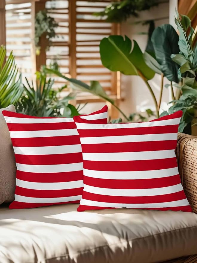 Waterproof Outdoor Pillow Set of 2 Red Stripes Decorative Throw Pillows Cover & Insert 16x16 Inch Pillowcase Classic Striped Lines Square Pillows for Couch Sofa Bed Patio Furniture Indoor Outdoor