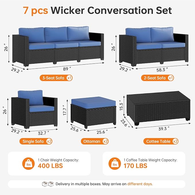 LazySunsets 7-Piece Outdoor Patio Furniture Set, Rattan Outdoor Sectional with Thick Waterproof Cushions, Wicker Ottomans & Waterproof Cover, Patio Conversation Set for Garden, Backyard,Navy Blue