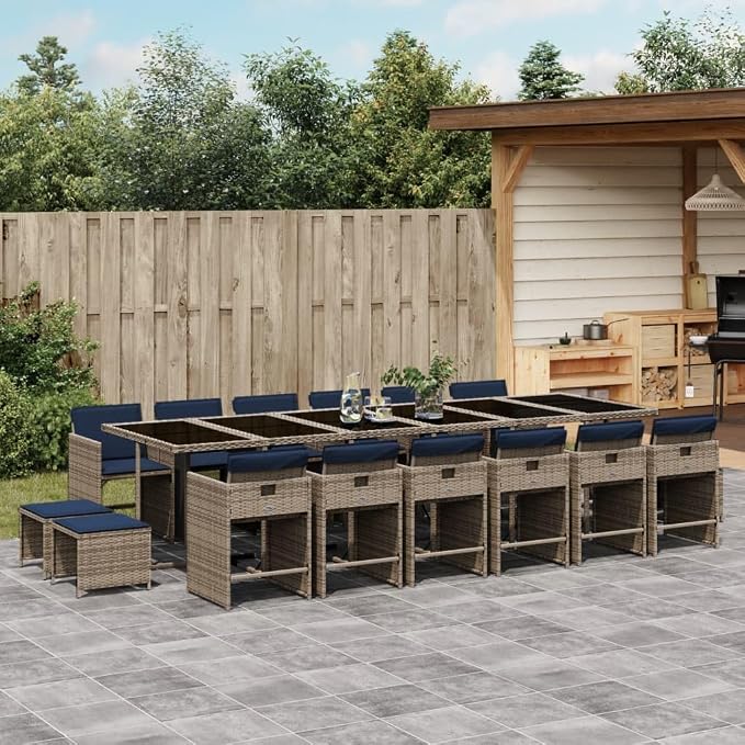 17 Piece Garden Dining Set, Patio Furniture with Foldable Chairs and Stools, PE Rattan Table and Chairs for Backyard and Outdoor Space, Grey