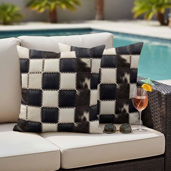 Beige Black Animal Printed Outdoor Pillow Covers 16x16 Inch Throw Pillow Covers Set of 2 Waterproof Decorative Pillow Cases Modern Fur Checkered Cushion Covers for Patio Furniture Garden Couch Sofa