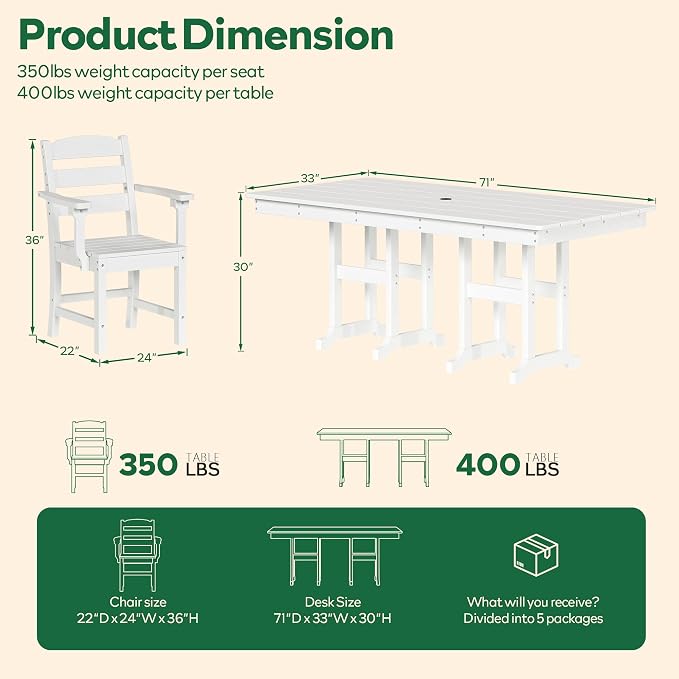 HOPUBUY 7 Pieces Patio Dining Set for 6, 71" HDPE All-Weather Patio Table and Chairs Set with Umbrella Hole, Durable Outdoor Furniture Set for Garden, Backyard, Lawn & Poolside (White)