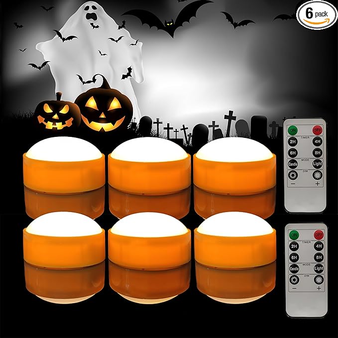 6 PCS Halloween Pumpkin Lights with Remote and Timer Battery Operated LED Bright Flickering Flameless Candle Set Bulk for Jack-O-Lantern Décor Halloween Party Home Spooky Decorations, Orange Color