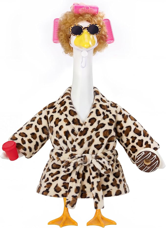 Porch Goose Robe Outfit Set for 23 Inch Goose Statue, Leopard Flannel Bathrobe with Wig Curlers Coffee Cup Donut Glasses, Funny Cozy Goose Clothes Decor (Leopard)